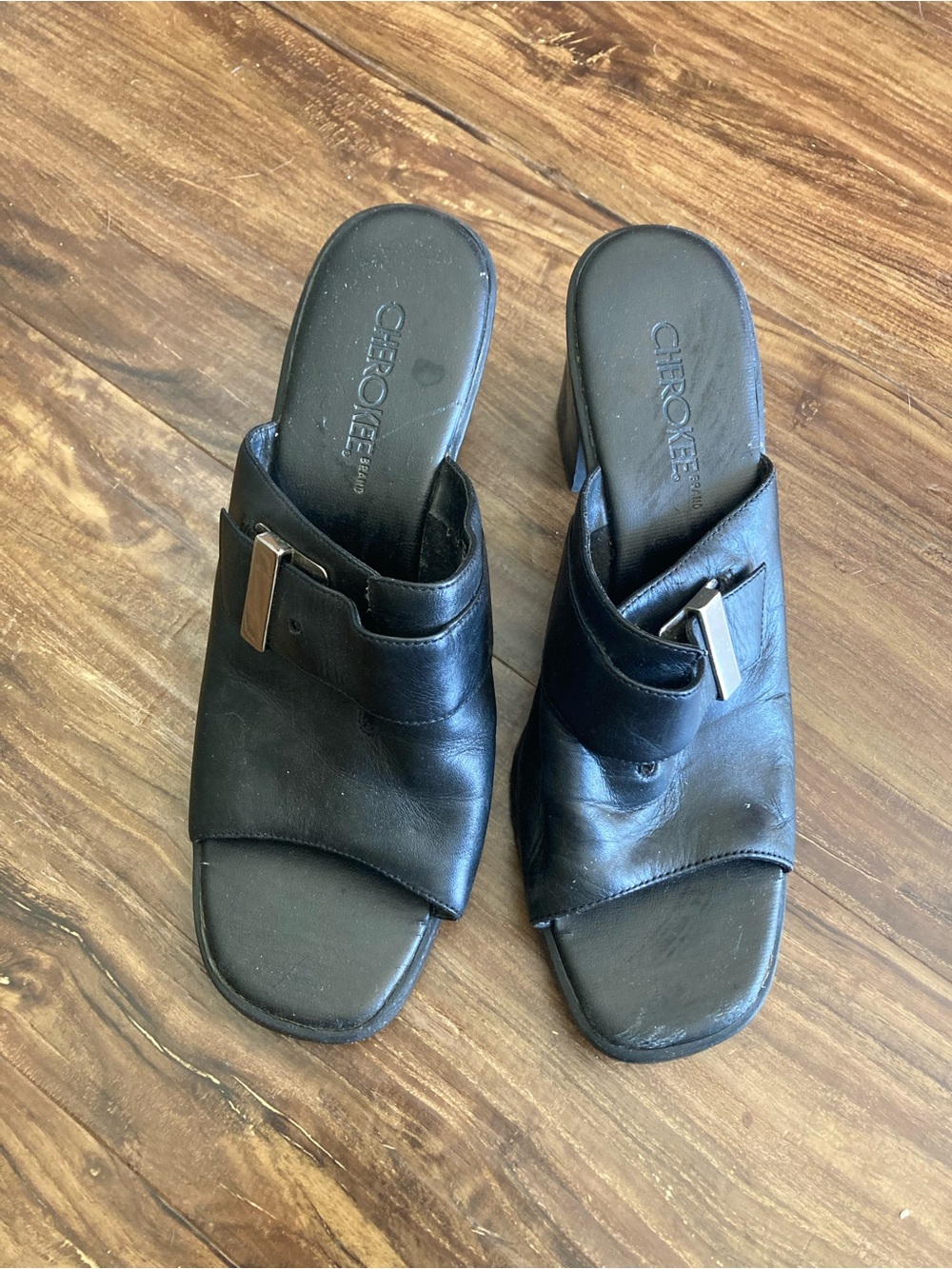 Cherokee Black Faux Leather Slide Sandals with Chunk Heel Size 9